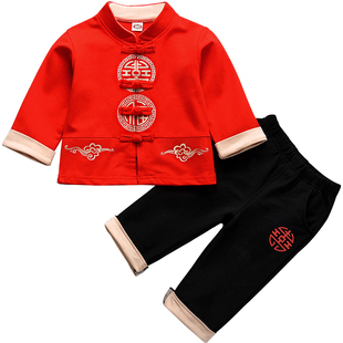 国风红色男宝宝衣服一周岁礼服男孩百天抓周套装秋男童唐装生日宴