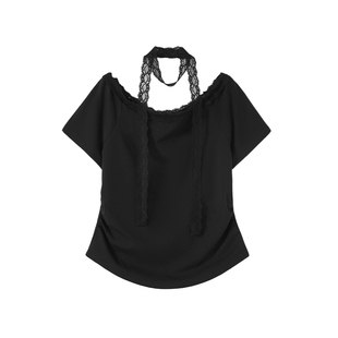 时然微胖大码女装一字肩t恤25夏季新款蕾丝纯欲露肩显瘦短袖上衣