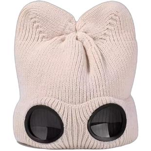 飞行员墨镜猫耳朵针织帽女秋冬季加厚保暖护耳帽大头显脸小毛线帽