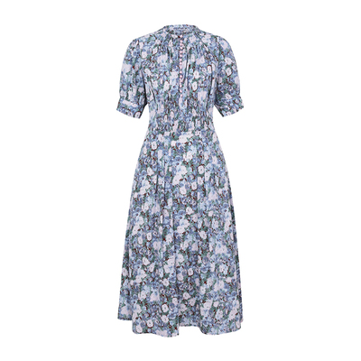 单排扣小圆领碎花连衣裙a字裙