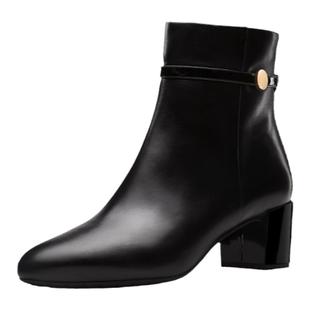 露娜STELLA LUNA秋冬简约真皮圆头粗高跟百搭短筒时装靴SLP318105