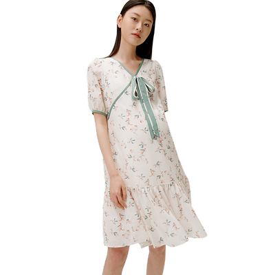 SELLYNEAR杏色国风印花连衣裙