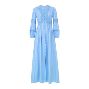 DVF2026春夏新款V领茶歇裙天空蓝蕾丝拼接多比棉连衣裙DL1U003
