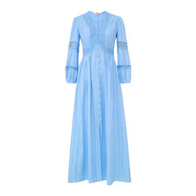 DVF2026春夏新款V领茶歇裙天空蓝蕾丝拼接多比棉连衣裙DL1U003