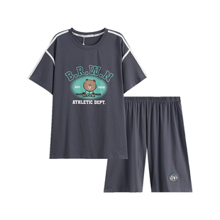 芬腾男士短袖睡衣夏季纯棉薄款凉感套装青年男款布朗熊休闲家居服