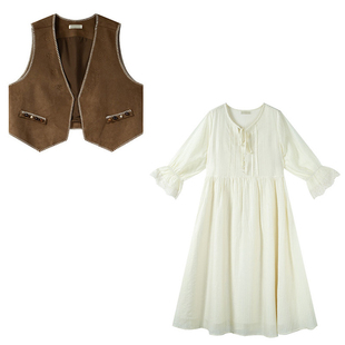 森系氛围感明线马甲胖仙女莹莹大码女装春季喇叭袖收腰连衣裙套装