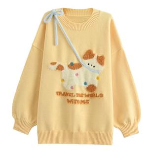 森女部落甜美风可爱小猫设计感套头针织衫女秋季新款长袖宽松毛衣