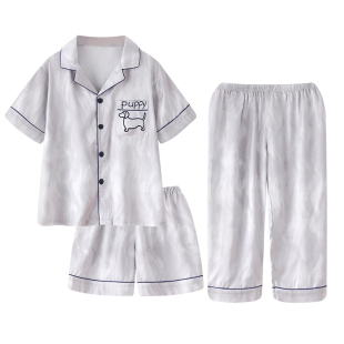 2026新款儿童睡衣男童夏季冰丝薄款短袖长裤大童男孩家居服三件套