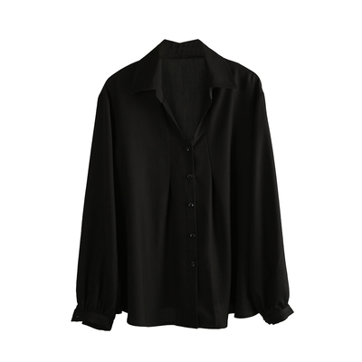 黑色V领衬衫春秋长袖衬衣