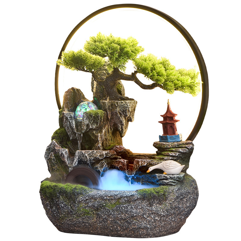 新中式假山流水招财风水轮摆件