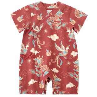 满月宝宝衣服男宝百天红色国风女宝夏季短袖薄款新生儿婴儿连体衣