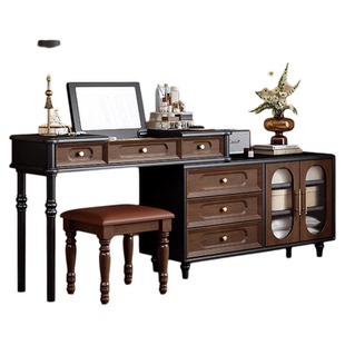 法式实木复古梳妆台卧室中古风化妆桌美式轻奢可伸缩储物梳妆桌凳