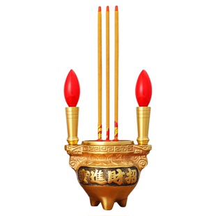 纯黄铜电子香炉新型财神爷供奉灯家用蜡烛灯上香烛台一体三件套装