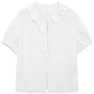 KBNE法式短袖白色衬衫女2026夏季新款荷叶边领衬衣莱赛尔刺绣上衣