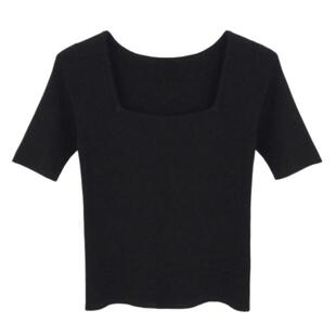 2026春夏方领莫代尔短袖法式方领短款大领口上衣露锁骨紧身t恤女