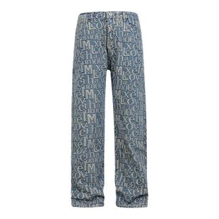 巴黎满印提花牛仔裤男春秋小众设计感裤子美式高街vibe直筒微喇裤