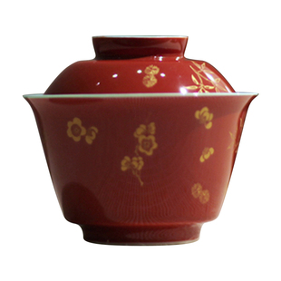 岁寒三友故宫红幕芳盖碗景德镇小茶杯烫金文人茶器梅松竹茶具套装