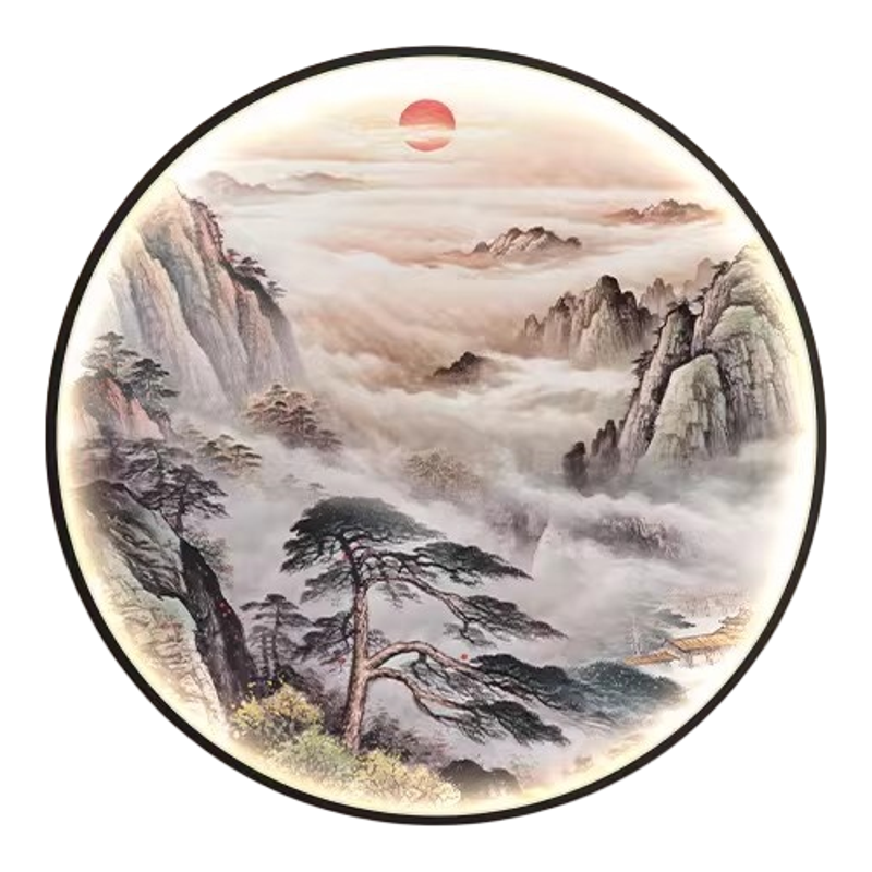 新中式入户玄关装饰画办公室书房圆形带灯壁画茶室走廊山水挂画
