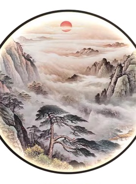 新中式入户玄关装饰画办公室书房圆形带灯壁画茶室走廊山水挂画