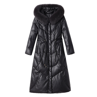 绵羊皮羽绒服女中长款外套2025冬季新款真皮狐狸毛领连帽皮衣显瘦