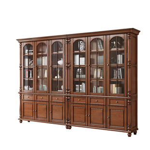 淘美庭美式实木组合书柜书房落地原木书橱柜中式置物柜玻璃门整墙