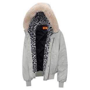 AFGK25FW豹纹貂毛连帽棉服男女冬季加厚毛领派克服情侣棉衣外套