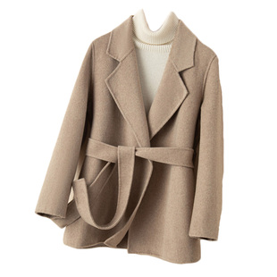 反季秋冬高端双面羊绒大衣女小个子羊毛呢外套系带双面呢西装领潮