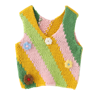 蔻后棒针V领套头撞色钩花马甲