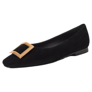 星期六绒面平底浅口单鞋女2025新款夏季软底不累脚复古方扣通勤鞋