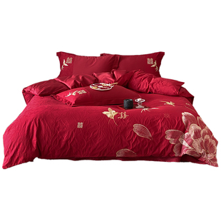 迎囍︱浪漫婚庆全棉四件套红色厚织提花喜字刺绣结婚被套新婚床品