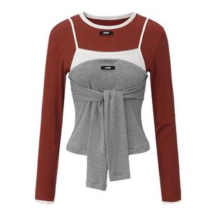 LACERTA 2026春夏新款撞色解构绑带假三件圆领长袖T恤女休闲上衣