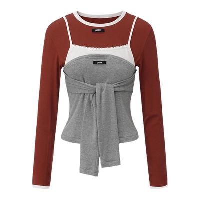 LACERTA 2026春夏新款撞色解构绑带假三件圆领长袖T恤女休闲上衣