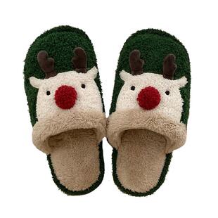 细细条ins可爱圣诞麋鹿棉拖鞋女冬时尚情侣居家毛绒绒卡通棉鞋男