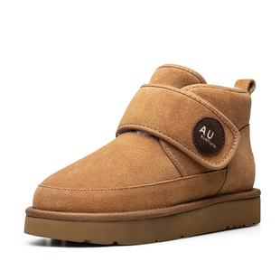 AUMU男女短筒雪地靴 真羊皮毛一体 2025新款厚底防滑魔术贴保暖靴