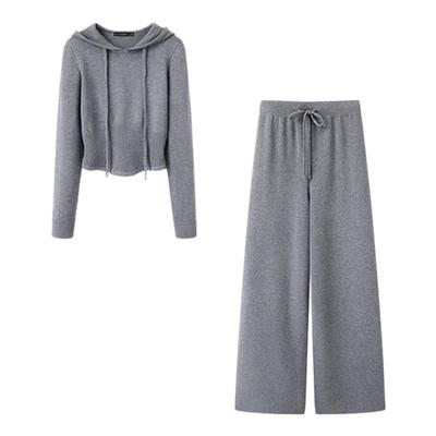 拉夏贝尔/La Chapelle冬季针织衫套装女连帽毛衣阔腿长裤两件套装