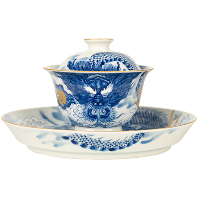 圣山青花粉彩描金溪云龙王手绘陶瓷盖碗景德镇手工陶瓷茶具茶杯