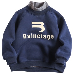 男童假两件加绒卫衣2025冬季新款中大童一体绒打底衫儿童加厚上衣