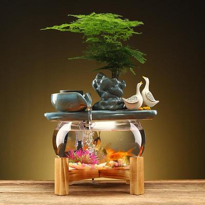 创意流水摆件客厅书房办公室带灯圈小型家用透明生财鱼缸中式造景