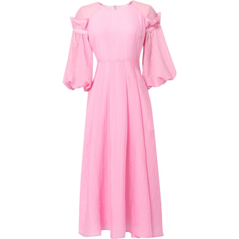 夏季女装2024新款气质桃粉色灯笼袖收腰显瘦仙女裙连衣裙长裙