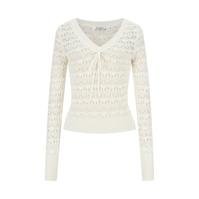 绑带v领缕空针织衫修身显瘦毛衣