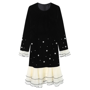 白鹿语法式复古丝绒钉珠连衣裙25秋新款设计感名媛风修身小黑裙