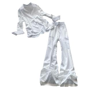 运动休闲套装女夏季薄款时尚慵懒风白色防晒上衣衬衫阔腿裤两件套