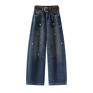 印染高腰牛仔裤女秋冬设计感阔腿弯刀裤加绒加厚宽松显瘦镰刀裤子