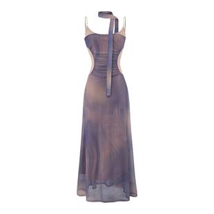 怪力酱 绝美吊带针织连衣裙女夏设计感飘带修身度假网纱a字大摆裙