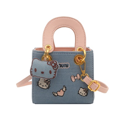 新款女宝绣花牛仔布手拎包儿童可爱猫咪时尚小方包萌亲子款斜挎包