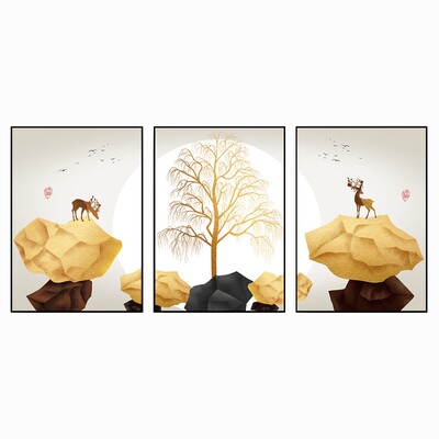 客厅沙发背景墙轻奢风金属三联画