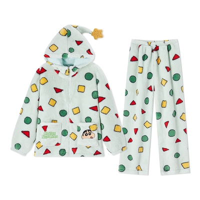 BE蜡笔小新珊瑚绒连帽睡衣冬新品