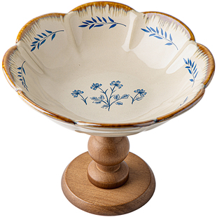 巷子尾〖中古高脚果盘〗木质陶瓷水果盘客厅茶几点心盘佛手柑托盘