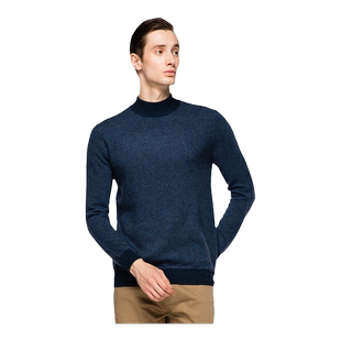 圣雪绒秋冬新款纯羊绒衫男半高领人字纹提花加厚针织套衫