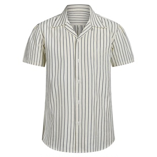 【泡泡纱透气】平圆方中古巴领短袖衬衫男复古竖条纹法式休闲半袖
